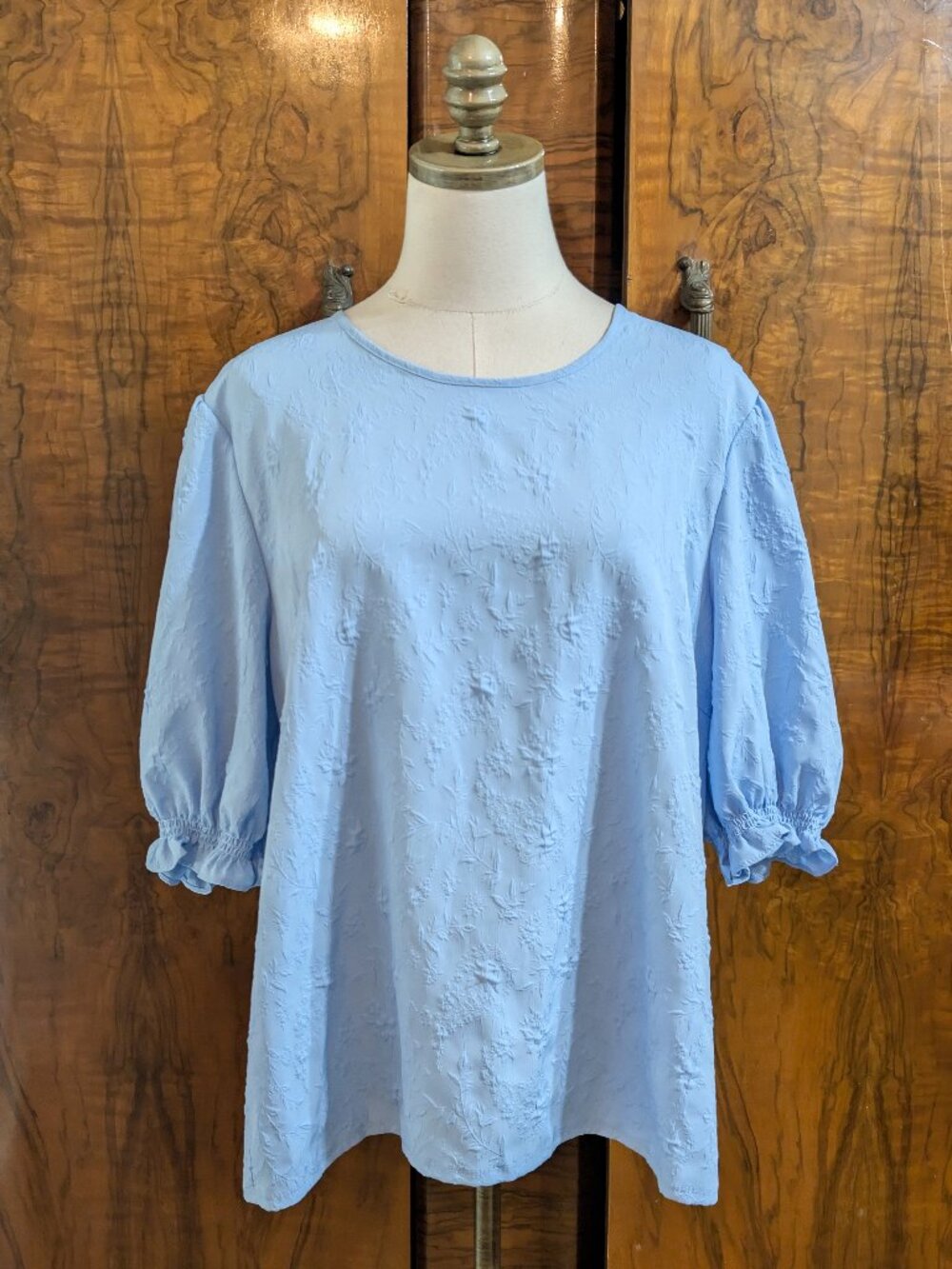 Ted Baker Blue Textured Floral Short Puff Sleeve Blouse XXL Jacquard Cottagecore